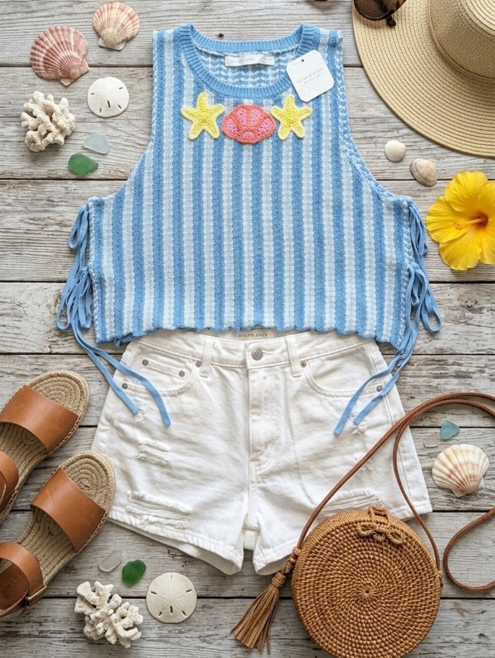 Altar'd State Blue & White Striped Crochet Tank with Sea Appliqués
